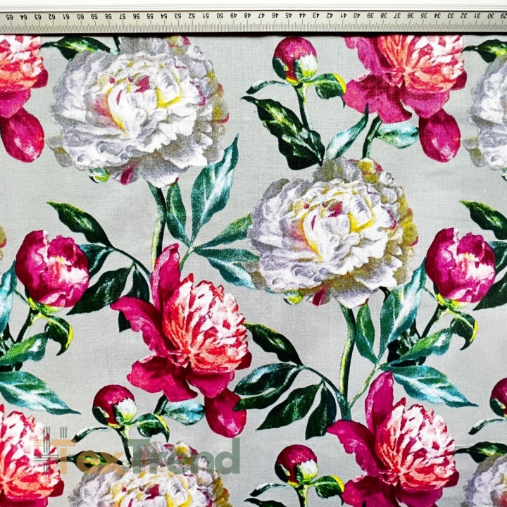 Baumwolle 100% Pfingstrosen rosa-weiß auf grauem Hintergrund  