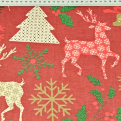 Baumwolle 100% Weihnachtsmuster Rehe mit Tannenbäumen auf rotem Hintergrund  