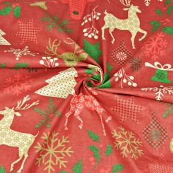 Baumwolle 100% Weihnachtsmuster Rehe mit Tannenbäumen auf rotem Hintergrund  