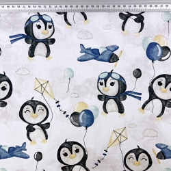 Baumwolle 100% Pinguine mit Luftballons blau auf weißem Hintergrund  