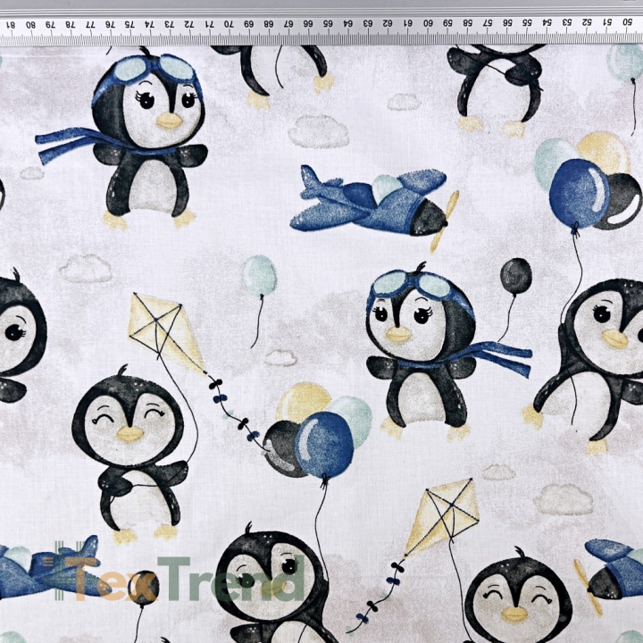 Baumwolle 100% Pinguine mit Luftballons blau auf weißem Hintergrund  