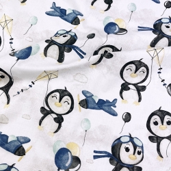 Baumwolle 100% Pinguine mit Luftballons blau auf weißem Hintergrund  