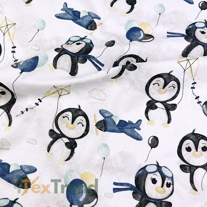 Baumwolle 100% Pinguine mit Luftballons blau auf weißem Hintergrund  