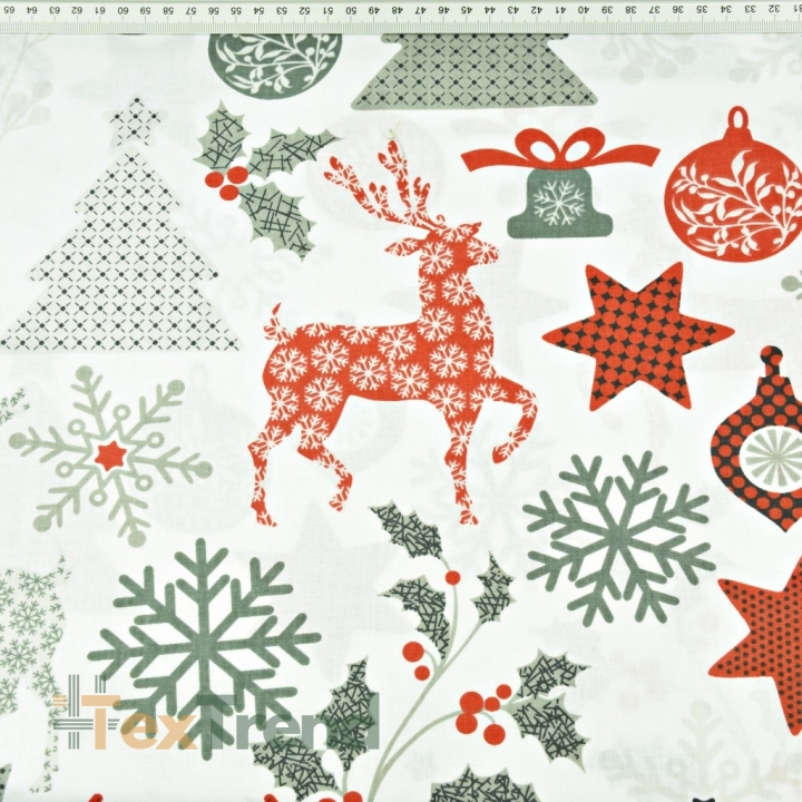 Baumwolle 100% Weihnachtsmuster Rehe mit Tannenbäumen auf weißem Hintergrund  