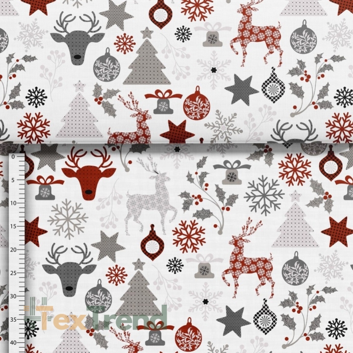 Baumwolle 100% Weihnachtsmuster Rehe mit Tannenbäumen auf weißem Hintergrund  