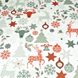 Baumwolle 100% Weihnachtsmuster Rehe mit Tannenbäumen auf weißem Hintergrund  