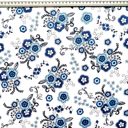 Baumwolle 100% folkloristische Blumen blau auf weißem Hintergrund  