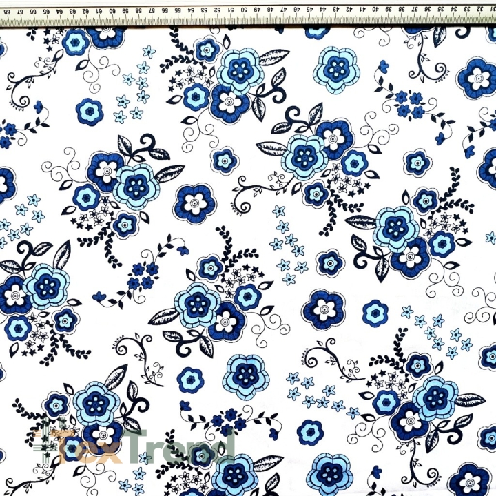 Baumwolle 100% folkloristische Blumen blau auf weißem Hintergrund  