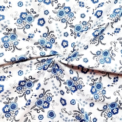 Baumwolle 100% folkloristische Blumen blau auf weißem Hintergrund  