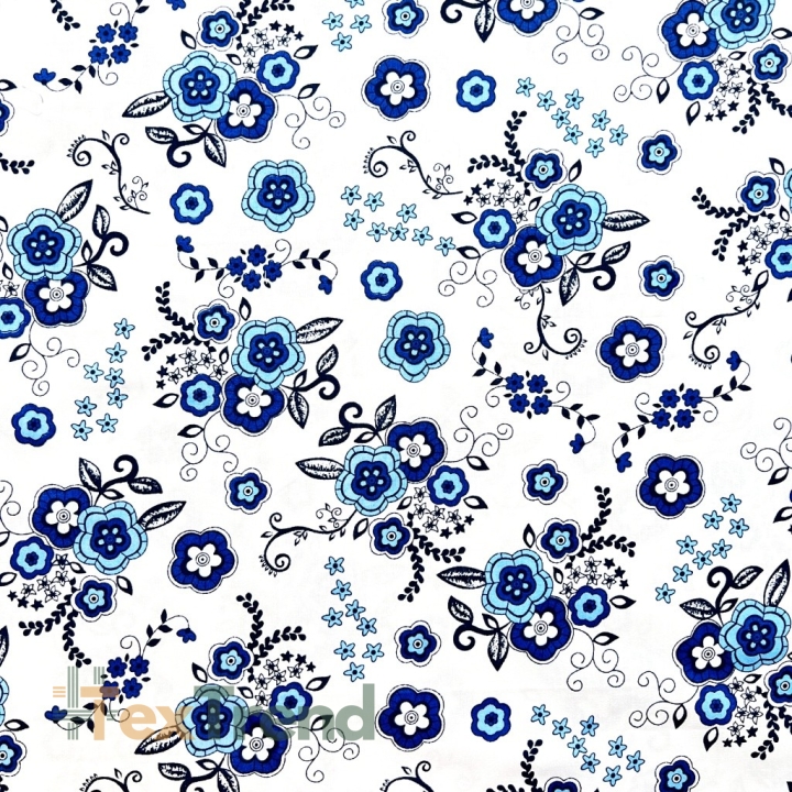 Baumwolle 100% folkloristische Blumen blau auf weißem Hintergrund  