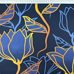 Baumwolle 100% Blumen Konturen blau-orange - 220 cm  