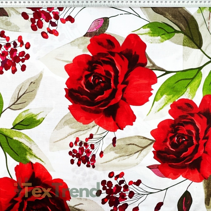 Baumwolle 100% große Rosen rot auf weißem Hintergrund - 220 cm  