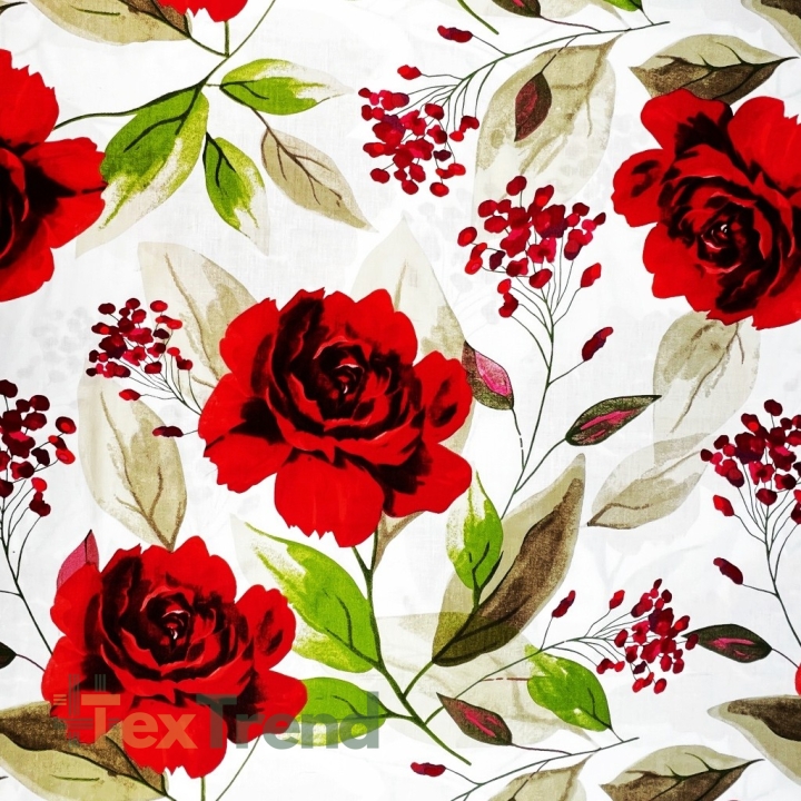 Baumwolle 100% große Rosen rot auf weißem Hintergrund - 220 cm  