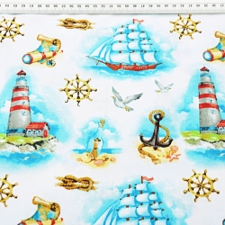Baumwolle 100% maritimes Muster mit Laternen und Schiffen in blau auf weißem Hintergrund  