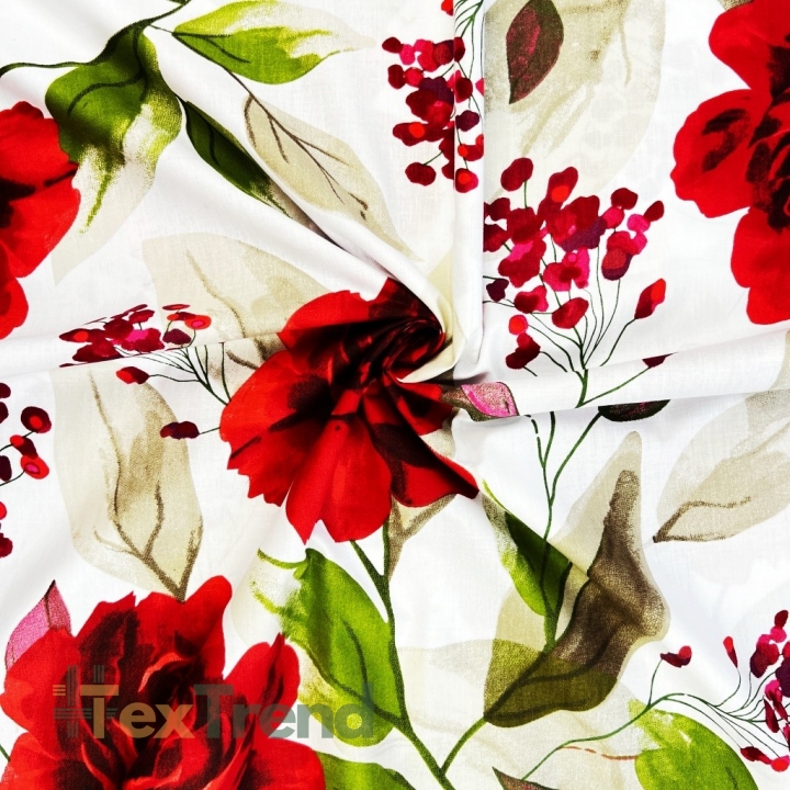 Baumwolle 100% große Rosen rot auf weißem Hintergrund - 220 cm  