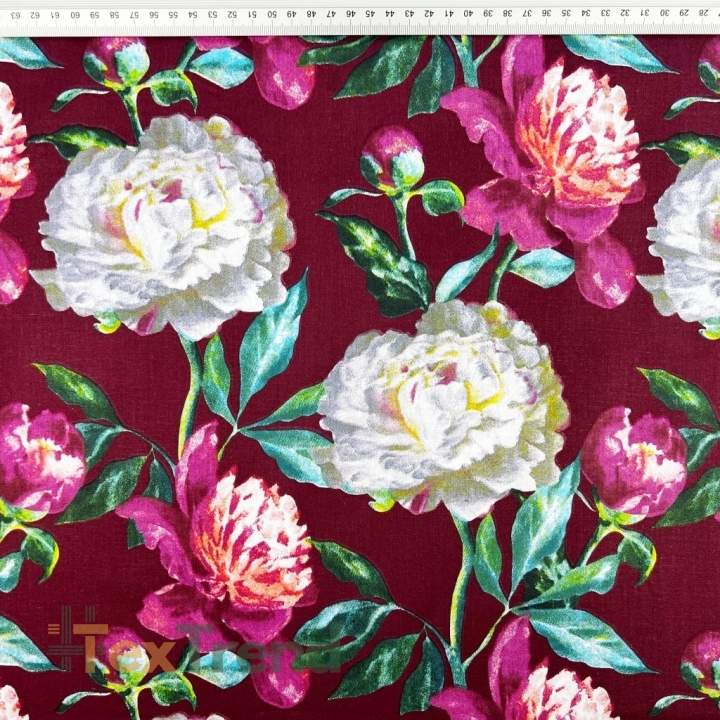 Baumwolle 100% Pfingstrosen rosa-weiß auf bordeaux Hintergrund - 220 cm  