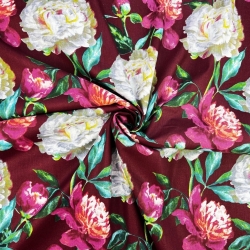 Baumwolle 100% Pfingstrosen rosa-weiß auf bordeaux Hintergrund - 220 cm  