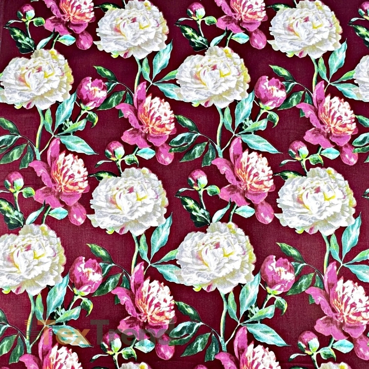 Baumwolle 100% Pfingstrosen rosa-weiß auf bordeaux Hintergrund - 220 cm  