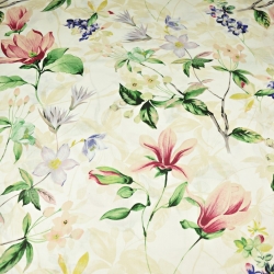 Baumwolle 100% Magnolienblumen mit Clematis auf ecrufarbenem Hintergrund - 220cm  