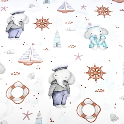 Baumwolle 100% Elefantenmatrosen in blau auf weißem Hintergrund  