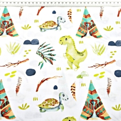 Baumwolle 100% Indianer-Dinosaurier in grün auf weißem Hintergrund  