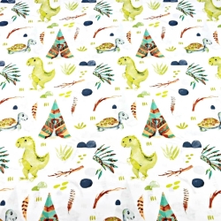 Baumwolle 100% Indianer-Dinosaurier in grün auf weißem Hintergrund  