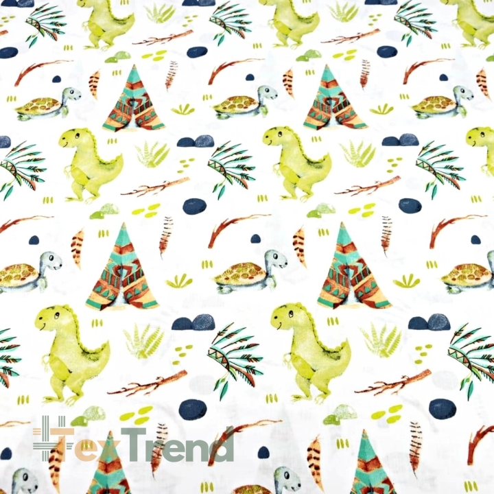 Baumwolle 100% Indianer-Dinosaurier in grün auf weißem Hintergrund  