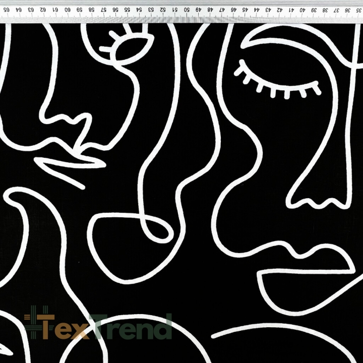 Baumwolle 100% minimalistische Gesichter Linien auf schwarzem Hintergrund - 220 cm  