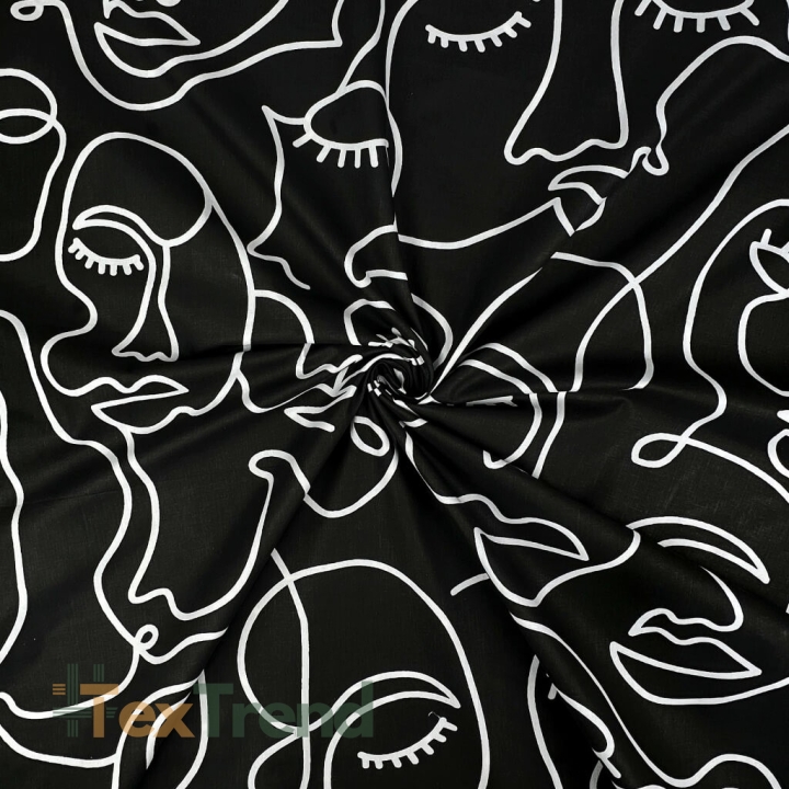 Baumwolle 100% minimalistische Gesichter Linien auf schwarzem Hintergrund - 220 cm  