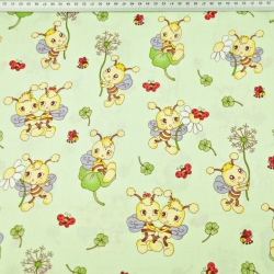 Baumwolle 100% Bienen mit Blümchen auf pistaziengrünem Hintergrund  