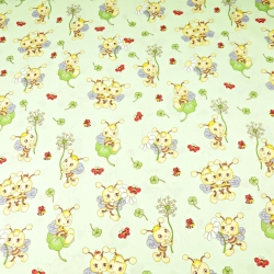 Baumwolle 100% Bienen mit Blümchen auf pistaziengrünem Hintergrund  