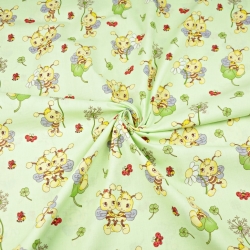 Baumwolle 100% Bienen mit Blümchen auf pistaziengrünem Hintergrund  