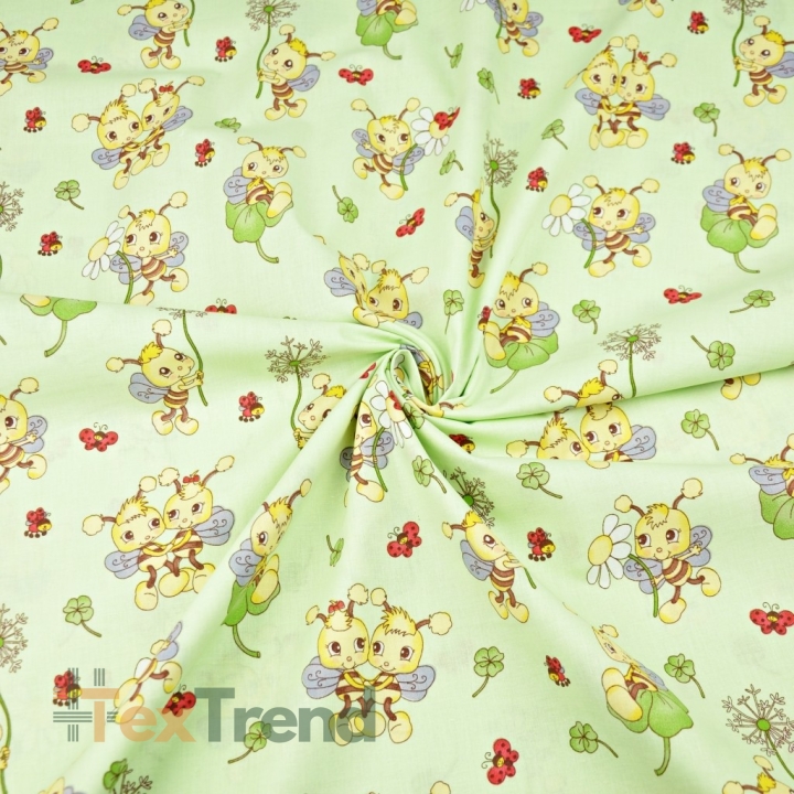 Baumwolle 100% Bienen mit Blümchen auf pistaziengrünem Hintergrund  