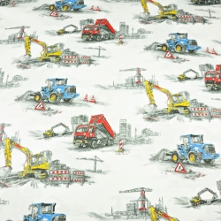 Baumwolle 100% große Baustellenfahrzeuge auf weißem Hintergrund  