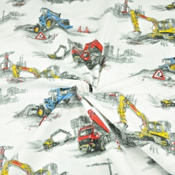 Baumwolle 100% große Baustellenfahrzeuge auf weißem Hintergrund  