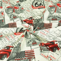 Baumwolle 100% Autos Straße Route 66 auf ecrufarbenem Hintergrund  