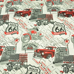 Baumwolle 100% Autos Straße Route 66 auf ecrufarbenem Hintergrund  