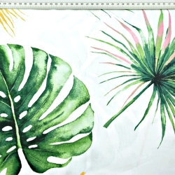 Baumwoll-Satin gemustert Monstera- und Palmenblätter vergoldet auf weißem Hintergrund  