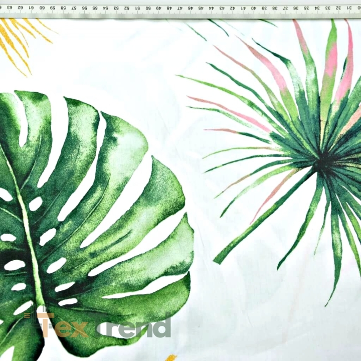 Baumwoll-Satin gemustert Monstera- und Palmenblätter vergoldet auf weißem Hintergrund  