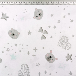 Baumwolle 100% Bären mit Sternen und Herzen grau-minze auf weißem Hintergrund  