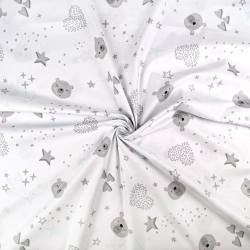 Baumwolle 100% Bären mit Sternen und Herzen grau-minze auf weißem Hintergrund  