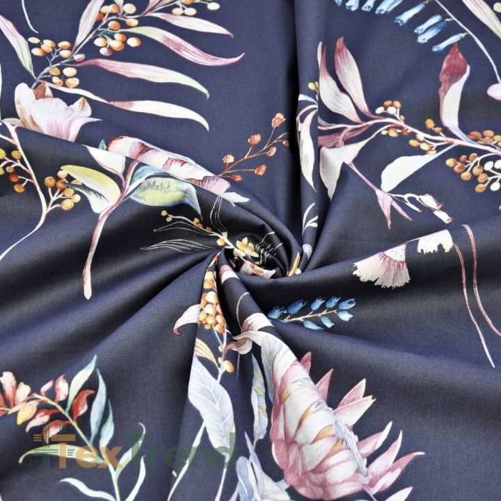 Baumwoll-Satin gemustert Pastellblumen auf graphitfarbenem Hintergrund  