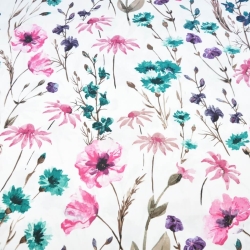 Baumwoll-Satin gemustert Kornblumen und Mohnblumen rosa-smaragd auf weißem Hintergrund  