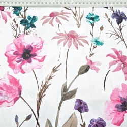 Baumwoll-Satin gemustert Kornblumen und Mohnblumen rosa-smaragd auf weißem Hintergrund  