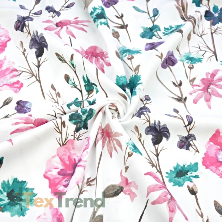 Baumwoll-Satin gemustert Kornblumen und Mohnblumen rosa-smaragd auf weißem Hintergrund  