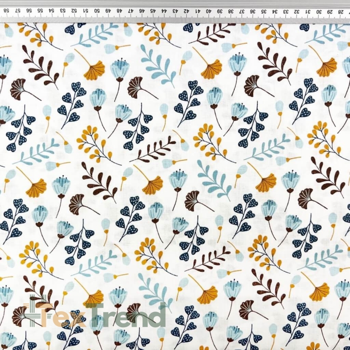 Baumwolle 100% Ginkgo mini blau auf weißem Hintergrund  