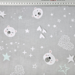 Baumwolle 100% Bären mit Sternen und Herzen grau-minze auf grauem Hintergrund  