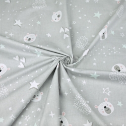 Baumwolle 100% Bären mit Sternen und Herzen grau-minze auf grauem Hintergrund  