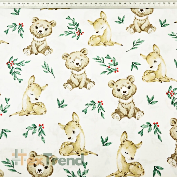 Baumwolle 100% Tiere Bären und Rehe mit Preiselbeeren  