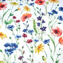 Baumwoll-Satin gemustert Kornblumen und Mohnblumen marineblau-rot auf weißem Hintergrund  